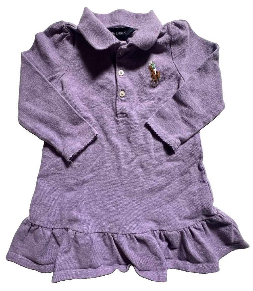 Ralph Lauren Baby Girls 18M Purple Big Pony Long Sleeve Polo Dress Ruffle